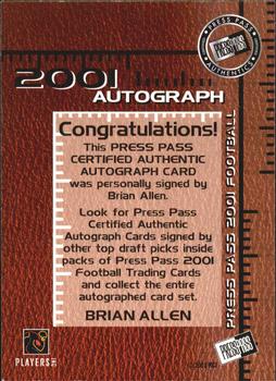 2001 Press Pass - Autographs #NNO Brian Allen Back