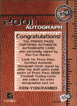 2001 Press Pass - Autographs #NNO Ken-Yon Rambo Back