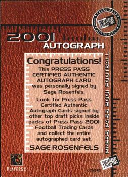 2001 Press Pass - Autographs #NNO Sage Rosenfels Back