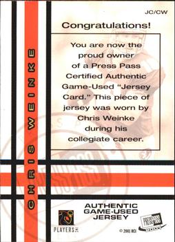 2001 Press Pass - Game Jerseys #JC/CW Chris Weinke Back