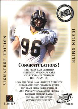 2001 Press Pass SE - Autographs Bronze #NNO Justin Smith Back