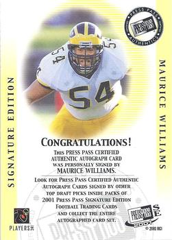 2001 Press Pass SE - Autographs Silver #NNO Maurice Williams Back