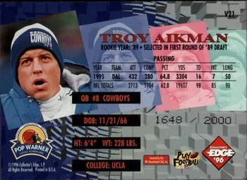 1996 Collector's Edge Advantage - Edge Video #V21 Troy Aikman Back