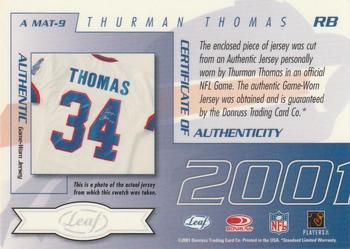 2001 Quantum Leaf - All-Millennium Materials Autographs #A MAT-9 Thurman Thomas Back