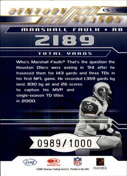 2001 Quantum Leaf - Century Season #CS-45 Marshall Faulk Back