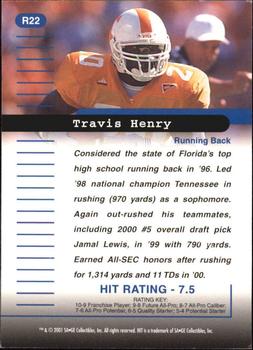 2001 SAGE HIT - Rarefied Silver #R22 Travis Henry Back