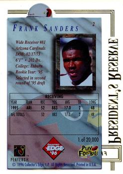 1996 Collector's Edge President's Reserve #2 Frank Sanders Back