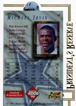 1996 Collector's Edge President's Reserve #49 Michael Irvin Back
