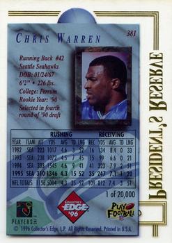 1996 Collector's Edge President's Reserve #381 Chris Warren Back