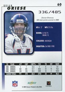 2001 Score - Scorecard #60 Brian Griese Back