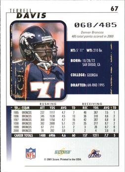 2001 Score - Scorecard #67 Terrell Davis Back