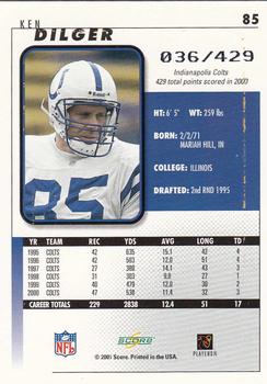 2001 Score - Scorecard #85 Ken Dilger Back
