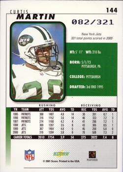 2001 Score - Scorecard #144 Curtis Martin Back