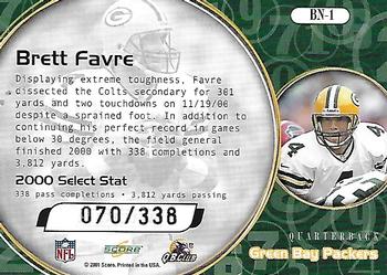 2001 Score Select - Behind the Numbers #BN-1 Brett Favre Back