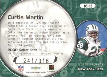 2001 Score Select - Behind the Numbers #BN-32 Curtis Martin Back