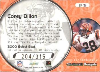 2001 Score Select - Behind the Numbers #BN-34 Corey Dillon Back