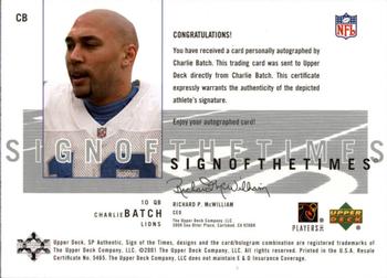 2001 SP Authentic - Sign of the Times #CB Charlie Batch Back