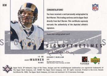 2001 SP Authentic - Sign of the Times #KW Kurt Warner Back