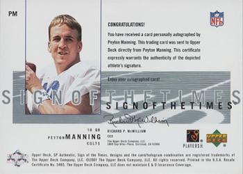 2001 SP Authentic - Sign of the Times #PM Peyton Manning Back