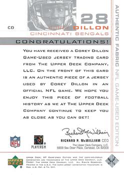 2001 SP Game Used Edition - Authentic Fabric #CD Corey Dillon Back