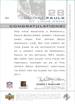 2001 SP Game Used Edition - Authentic Fabric #MF Marshall Faulk Back