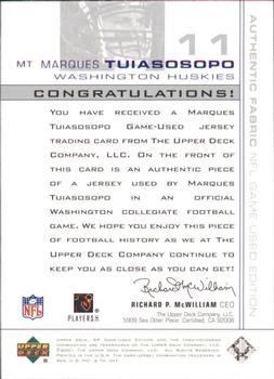 2001 SP Game Used Edition - Authentic Fabric #MT Marques Tuiasosopo Back