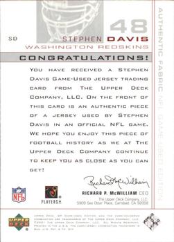 2001 SP Game Used Edition - Authentic Fabric #SD Stephen Davis Back