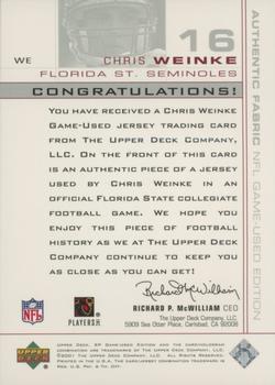 2001 SP Game Used Edition - Authentic Fabric #WE Chris Weinke Back