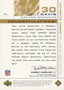 2001 SP Game Used Edition - Authentic Fabric Gold #TD Terrell Davis Back