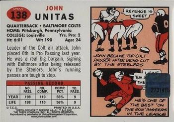 2001 Topps Archives - Rookie Reprint Autographs #AA-JU John Unitas Back
