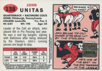 2001 Topps Archives Reserve - Rookie Reprint Autographs #ARA-JU Johnny Unitas Back