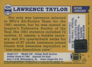2001 Topps Archives Reserve - Rookie Reprint Autographs #ARA-LT Lawrence Taylor Back