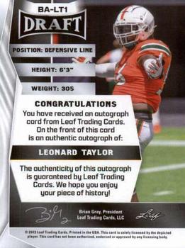 2023 Leaf Draft - Autographs White #BA-LT1 Leonard Taylor Back