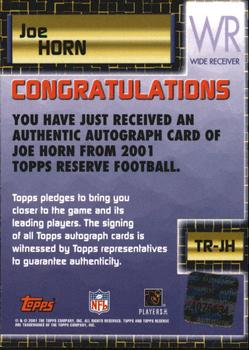 2001 Topps Reserve - Autographs #TR-JH Joe Horn Back