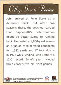 2001 Ultra - College Greats Previews #NNO John Cappelletti Back