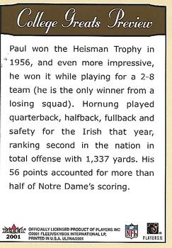 2001 Ultra - College Greats Previews #NNO Paul Hornung Back