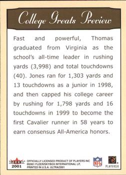 2001 Ultra - College Greats Previews #NNO Thomas Jones Back
