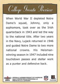 2001 Ultra - College Greats Previews #NNO Johnny Lujack Back