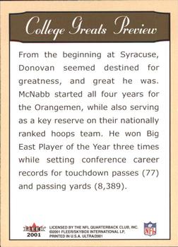 2001 Ultra - College Greats Previews #NNO Donovan McNabb Back