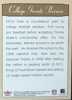 2001 Ultra - College Greats Previews #NNO Chris Weinke Back