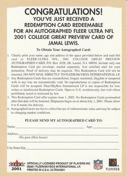 2001 Ultra - College Greats Previews Autograph Redemptions #NNO Jamal Lewis Back