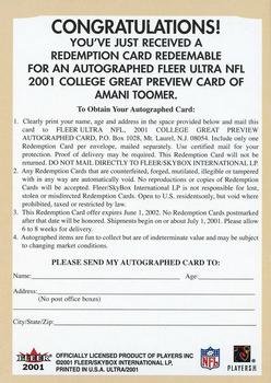 2001 Ultra - College Greats Previews Autograph Redemptions #NNO Amani Toomer Back