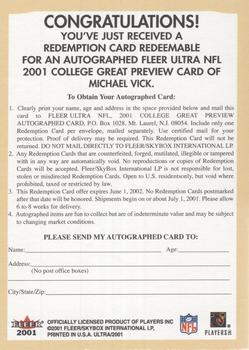 2001 Ultra - College Greats Previews Autograph Redemptions #NNO Michael Vick Back