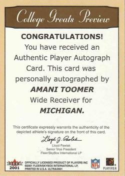 2001 Ultra - College Greats Previews Autographs #NNO Amani Toomer Back