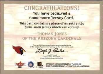 2001 Ultra - Sunday's Best Jerseys #NNO Thomas Jones Back