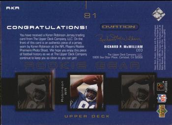 2001 Upper Deck Ovation - Rookie Gear #R-KR Koren Robinson Back