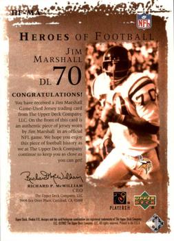 2001 Upper Deck Rookie F/X - Heroes of Football #HF-MA Jim Marshall Back