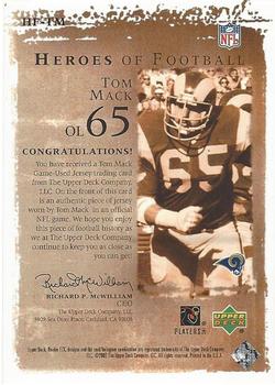 2001 Upper Deck Rookie F/X - Heroes of Football #HF-TM Tom Mack Back