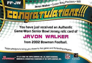 2002 Bowman - Fabric of the Future #FF-JW Javon Walker Back