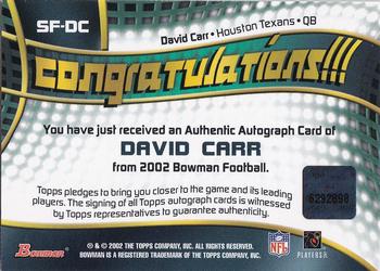 2002 Bowman - Signs of the Future #SF-DC David Carr Back